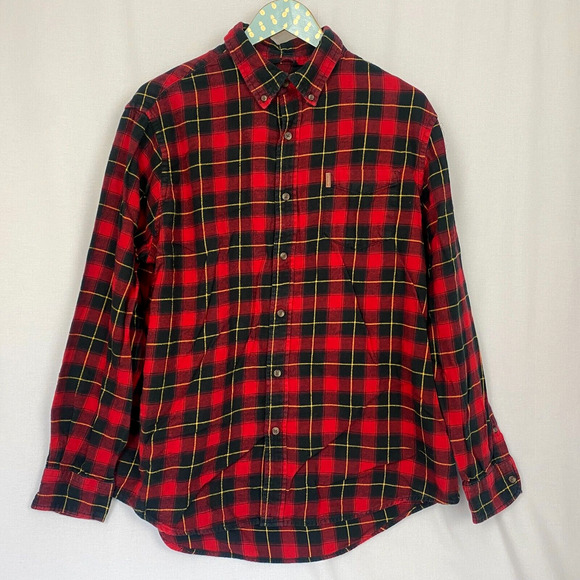 Chaps Performance Flannel Button Up Shirt Mens Large Red Black Plaid Pocket - Picture 1 of 10